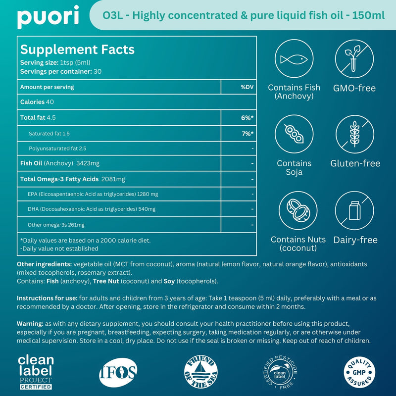 Load image into Gallery viewer, Puori Omega-3 Fish Oil O3 Liquid (150 ml)