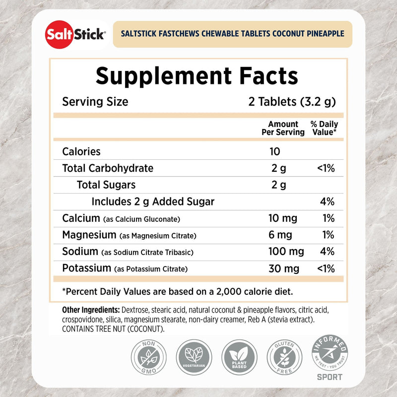 Load image into Gallery viewer, SaltStick Fastchews Chewable Tablets Coconut Pineapple 60 Chews Nutrition Facts English